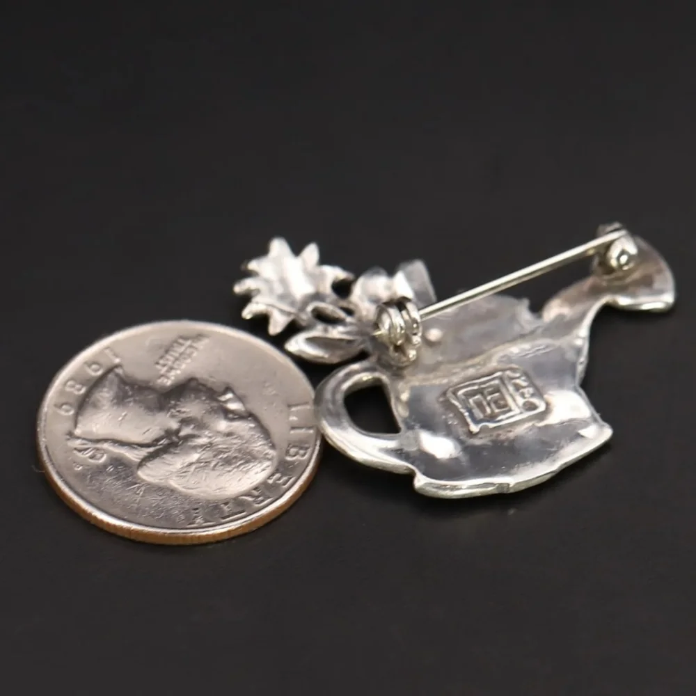 Vintage Sterling Silver MARY ENGELBREIT MEINK Watering Can Flowers Brooch Pin 7g - Picture 3 of 5